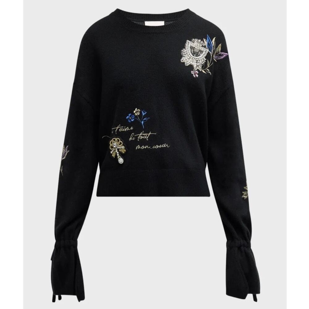 CINQ A SEPT | Heritage Patch Tasha Pullover Sweater Jeweled Embroidered | XL